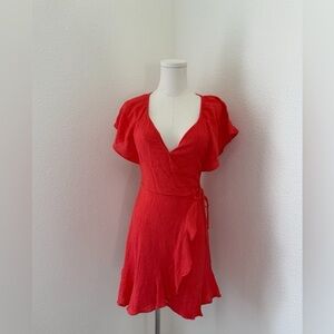 Lush Vibrant Coral Short Sleeve Wrap Mini Dress Women’s Size Small